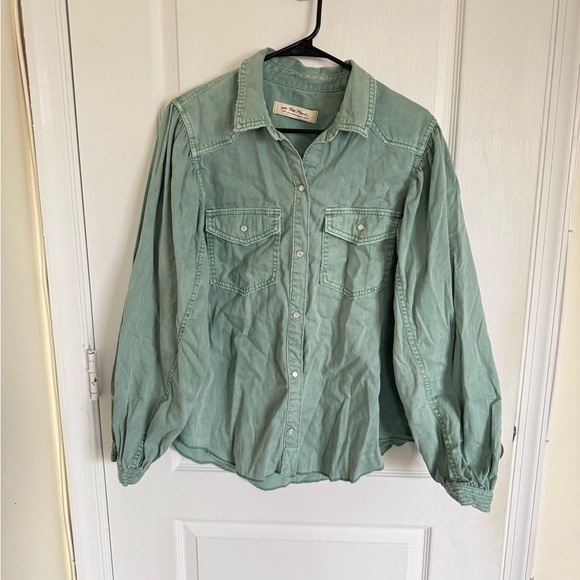 Free People With Love Denim Top in Green - Picture 2 of 8